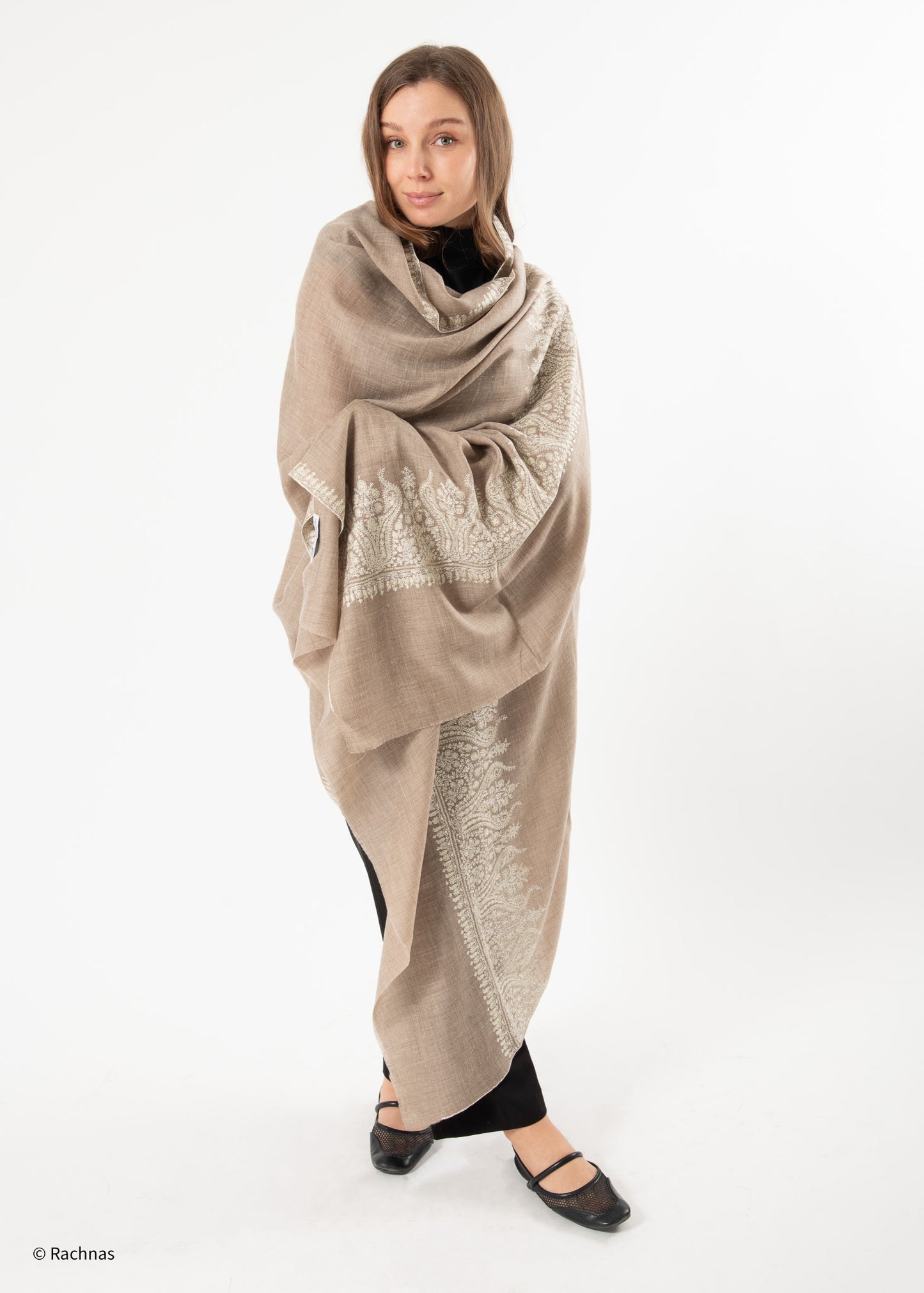 Pashmina Natural with off white embroidery