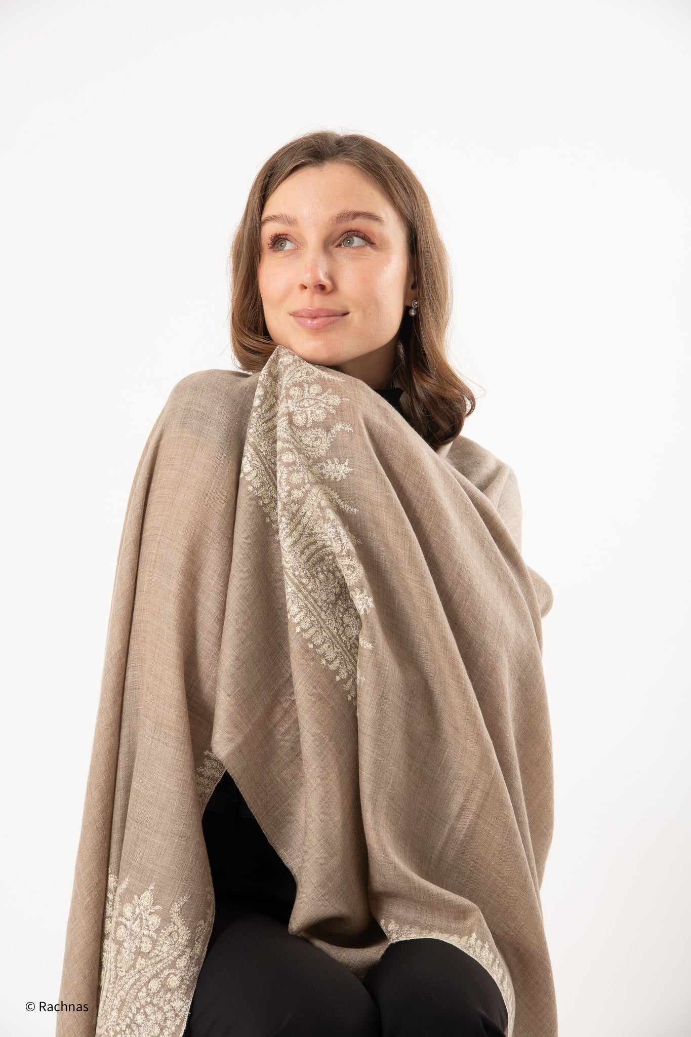 Pashmina Natural with off white embroidery