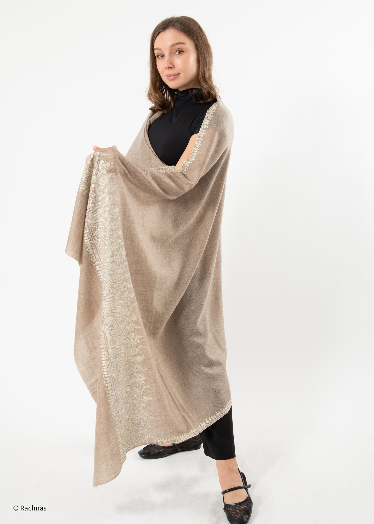 Pashmina Natural with off white embroidery